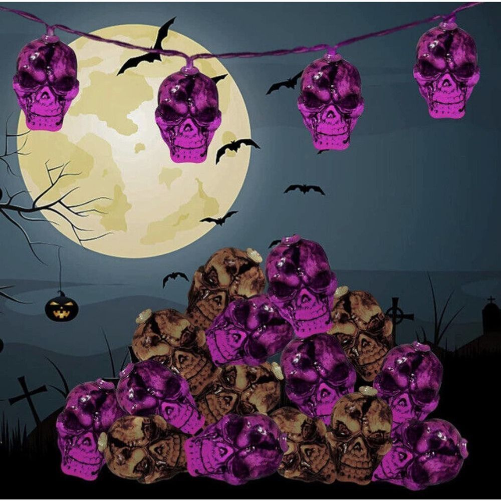 2337 Lot of 2 Halloween Skull String Light 14.5FT 30 LED Purple
